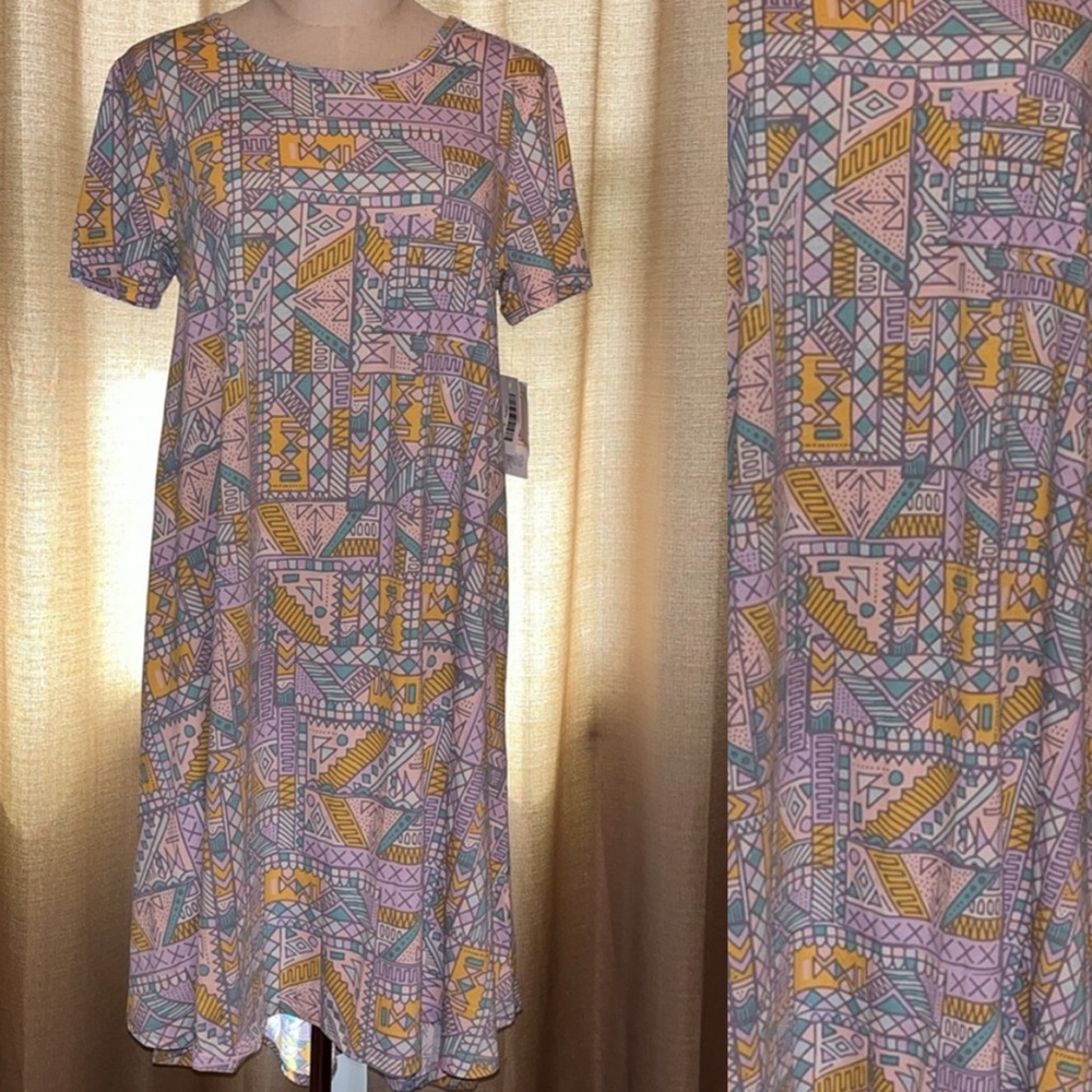 LuLaRoe Carly Dress Women’s Small Pastel Geometric Shapes Purple Yellow